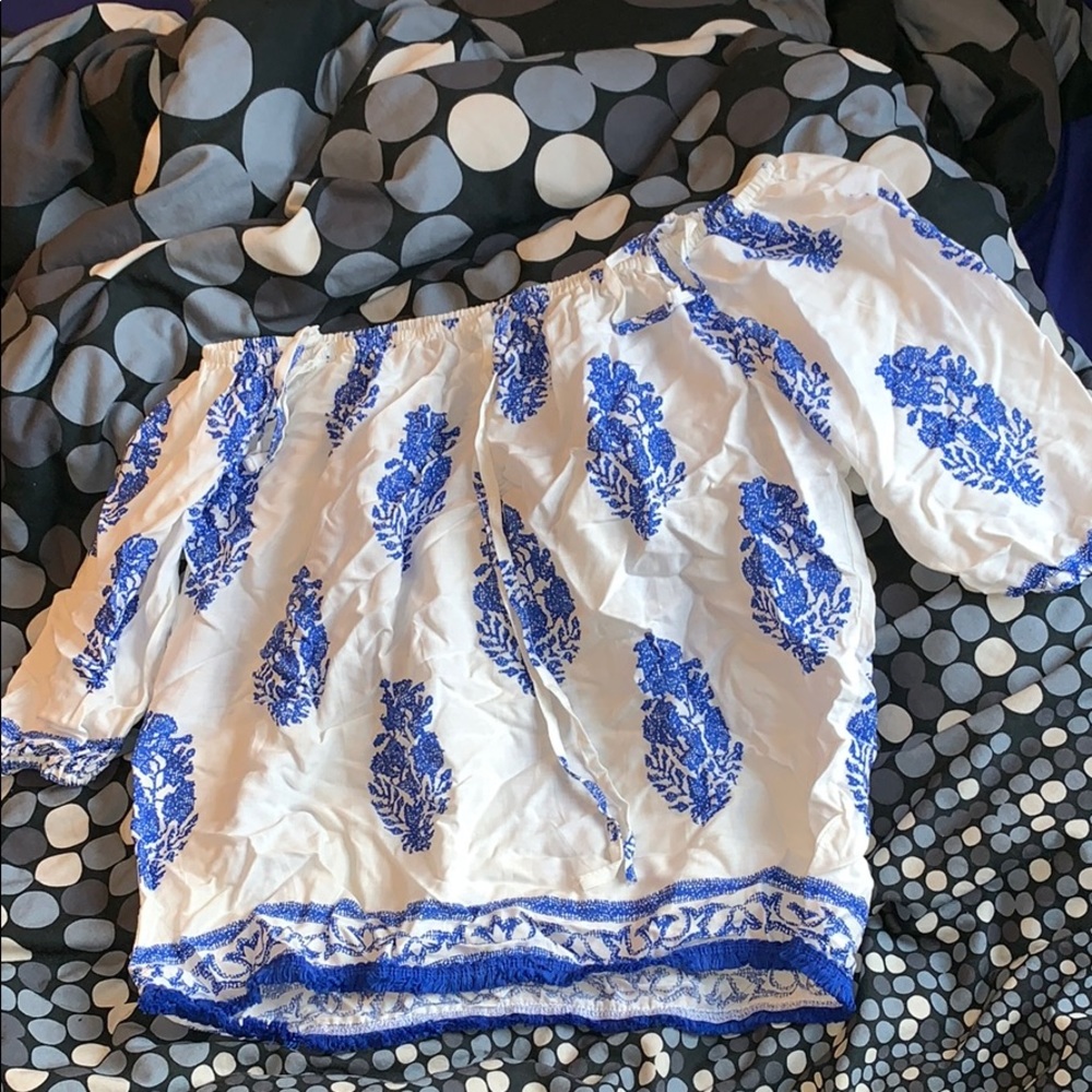 Off the shoulder blue and white top
